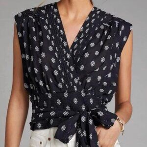 NWT Anthropologie Tie-Waist Surplice Blouse in Blue Motif in Sz Medium